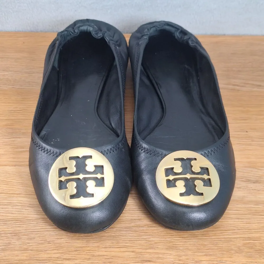 Tory Burch Minnie Travel Women's 8.5 Ballet Flats Black Leather Gold Logo Shoes